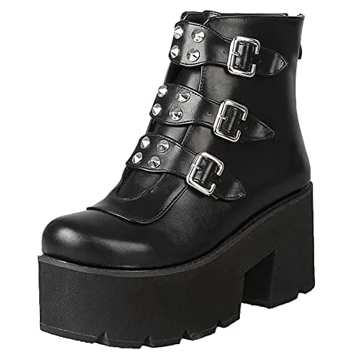 Mikarka Women's Studded Chain Ankle Boots - Chunky Heel Combat Booties