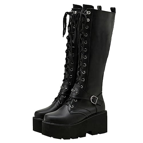Parisuit Women's Gothic Knee High Lace-Up Buckle Boots Chunky Heel