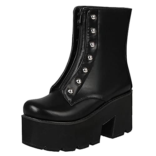 Mikarka Zipper Studded Goth Platform Combat Ankle Boots for Women Mid Chunky Block Heel Motorcyclist Boots