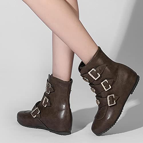 Mikarka Hidden Wedge Heel Ankle Boots for Women Slip On Buckle Straps with Studded Combat Motorcycle Riding Mid Calf Boots Trendy Comfortable Cold Weather Women's Boots
