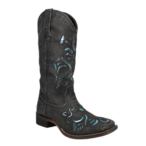 Roper Women's Belle Metallic Square Toe Casual Boots - Black Mid Calf Heel 1-2"