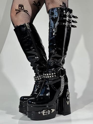 Frankie Hsu Gothic Chunky Platform Boots, Black Patent Silver Chain Buckles