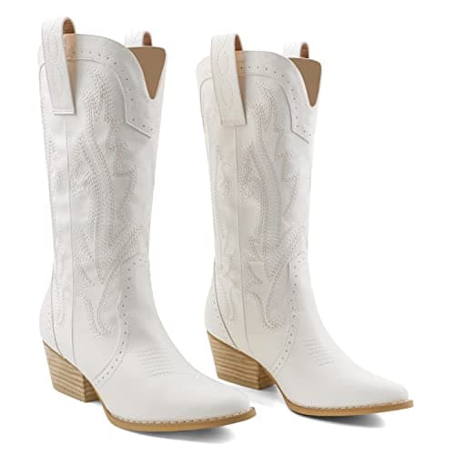 Zzheels Women's Mid-calf Embroidered Cowboy Boots Chunky Heels