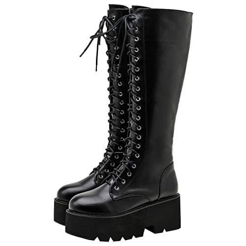 Parisuit Women's Gothic Knee High Lace-Up Buckle Boots Chunky Heel