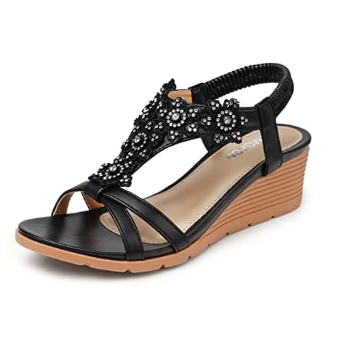 Temofon Women's Low Wedge Heel Summer Flower Sandals