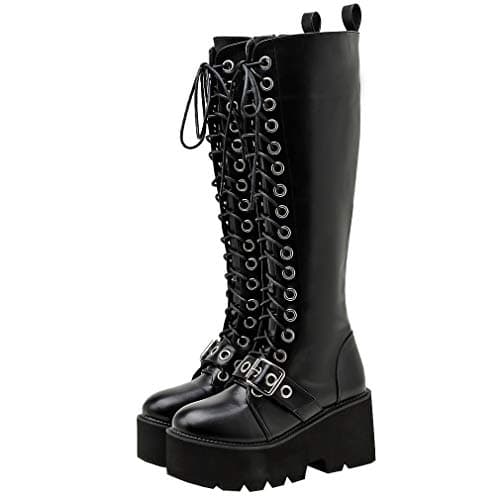 Parisuit Women's Gothic Knee High Lace-Up Buckle Boots Chunky Heel
