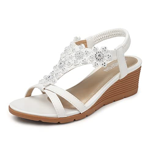 Temofon Women's Low Wedge Heel Summer Flower Sandals