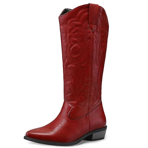 Mysoft Women's Cowboy Boots - Embroidered Knee High Pointed Toe Heel