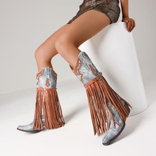 SaraIris Women's Fashion Pointed Toechunky Heel Embroidered Fringe Mid Calf Booties