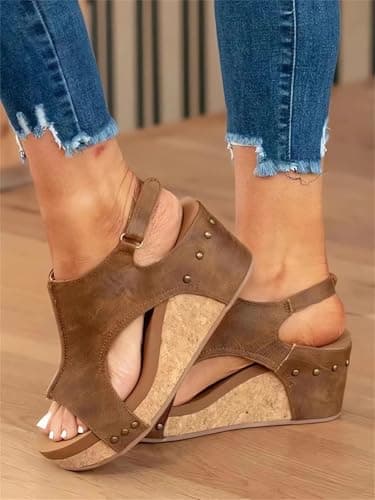 Inefole Women's Brown Leather Orthopedic Platform Sandals - Arch Support