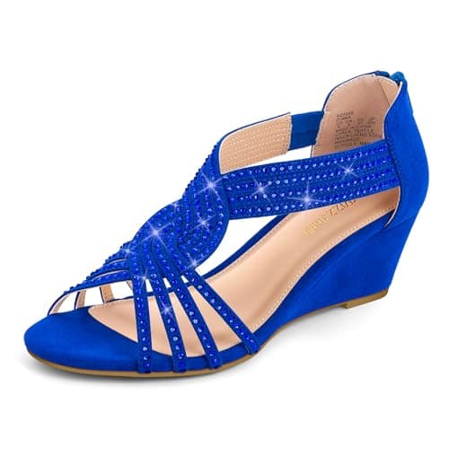 PIZZ ANNU Women's Sparkly Rhinestone Open-Toe Low Wedge Sandals for Bridal Dance Evening