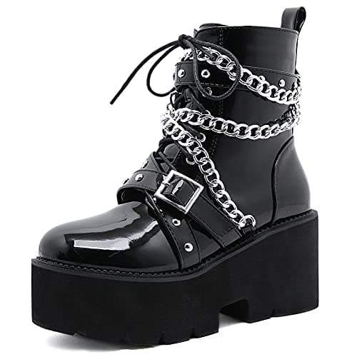 Mikarka Women's Studded Chain Ankle Boots - Chunky Heel Combat Booties