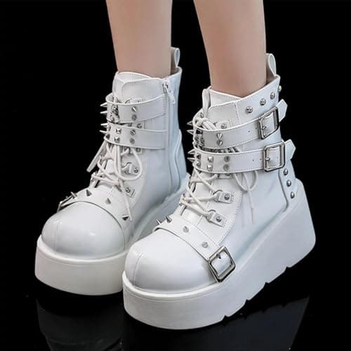 LETCLOCOM Women's Gothic Ankle Booties with Metal Buckle & Zip Lace-Up
