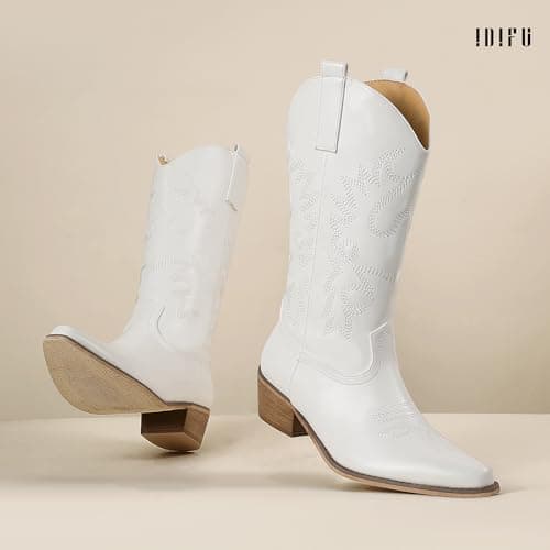 IDIFU Women's Mid-Calf Embroidered Cowboy Boots