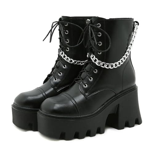 UOQAPRE Women's High Heel Combat Boots Square Toe Lace-Up Ankle Booties