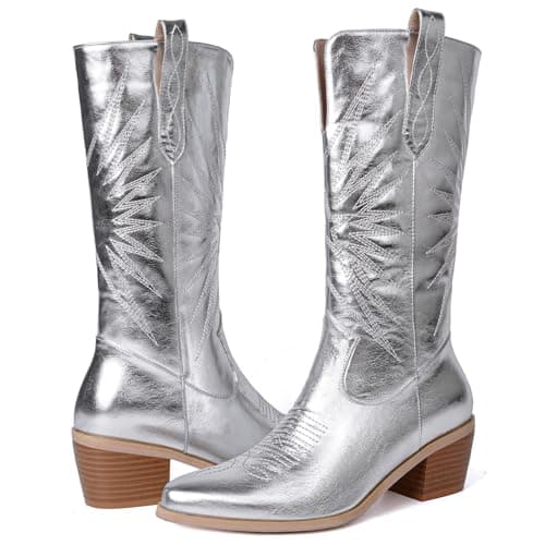 Metallic Cowboy Boots for Women | Pointed Toe Chunky Heel Mid Calf Pull-On