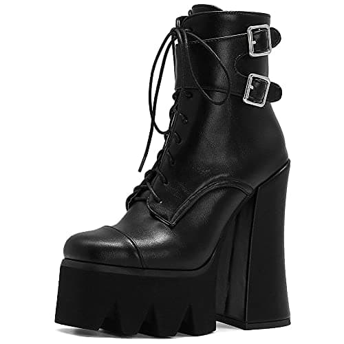 Mikarka Zipper Studded Goth Platform Combat Ankle Boots for Women Mid Chunky Block Heel Motorcyclist Boots