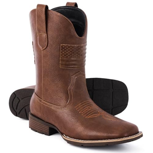 Platikly Men's Square Toe Western Boot with Flag Emblem