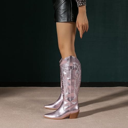 Amoji Women's Western Cowboy Knee High Boot with Zip Pull-On