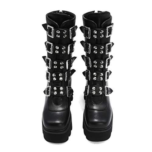 YIYA Women's Black Gothic Platform Ankle Boots with Bat Wing Buckles