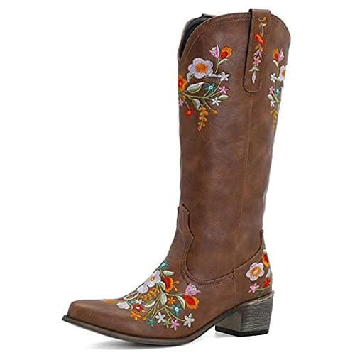 Erocalli Women's Western Mid Heel Embroidered Claf Boot