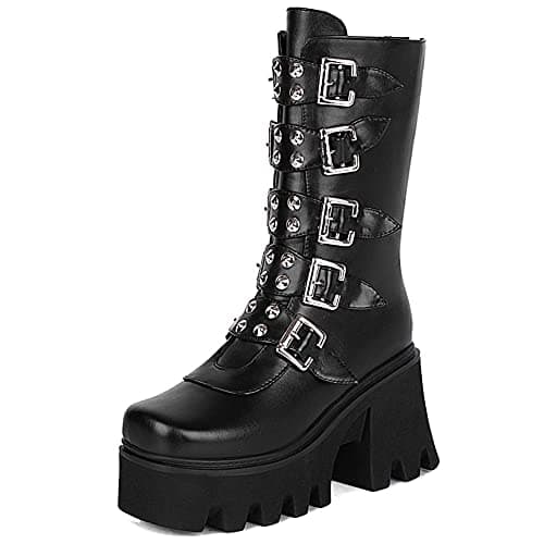 Mikarka Women's Studded Chain Ankle Boots - Chunky Heel Combat Booties