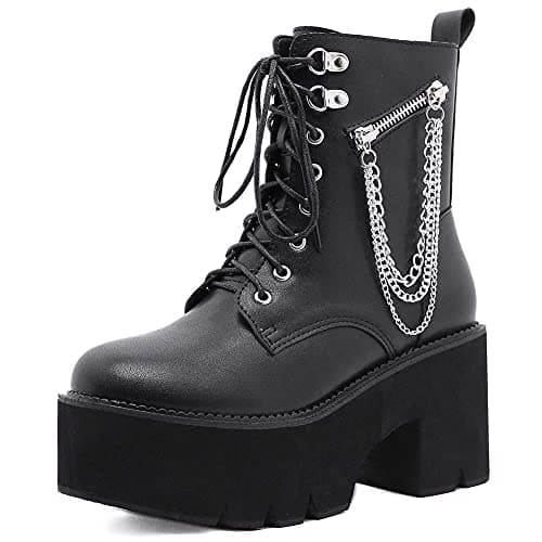 Mikarka Women's Studded Chain Ankle Boots - Chunky Heel Combat Booties