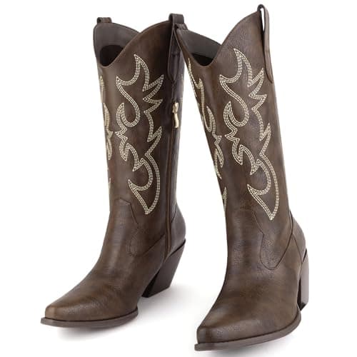 MISSMILLER Women's Cowboy Boots Mid Calf Embroidered Pointed Toe Heel