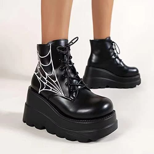 Women's Black Holographic Combat Chunky Heel Ankle Boots for Goth Style