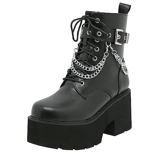 Goth Women's Platform Ankle Boots with Chunky High Heel and Lace Up Detail