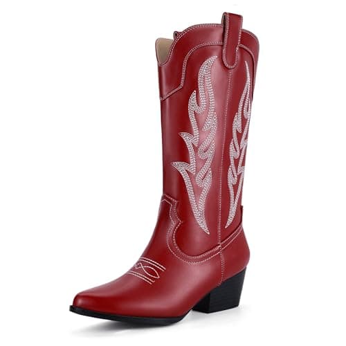 IDIFU IN2 Women's Mid Calf Embroidered Cowboy Bootschunky Heel Country Style Booties