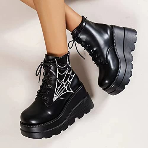 Women's Black Holographic Combat Chunky Heel Ankle Boots for Goth Style