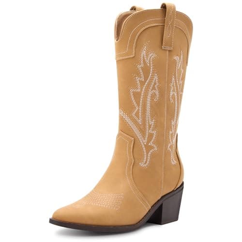 Solestique Women's Cowboy Boots: Embroidered Mid-Calf Heeled Cowgirl Style