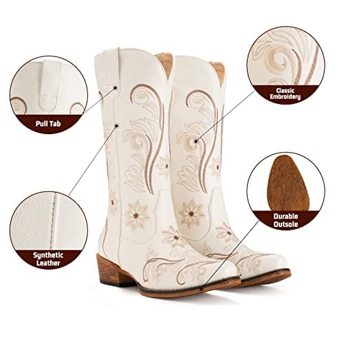 IUV Women's Mid Calf Cowboy Boots with Embroidery and Pull-On Tabs