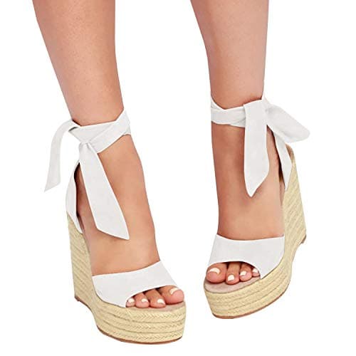 Fashare Women's Open Toe Wedge Heels Sandals with Tie Lace-Up Ankle Strap