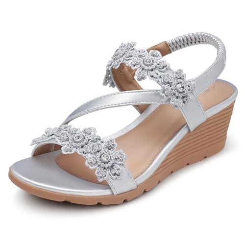 SHIBEVER Women's Comfortable Floral Open Toe Wedge Sandals