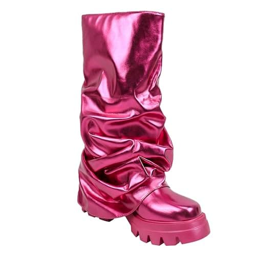 DETOGNI Women's Metallic Mid-Calf Pull-On Chunky Platform Booties