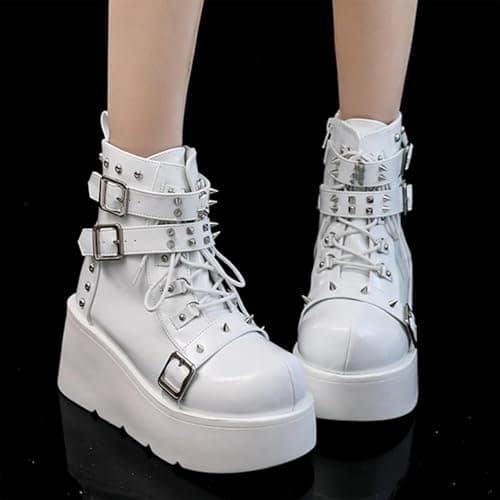 LETCLOCOM Women's Gothic Ankle Booties with Metal Buckle & Zip Lace-Up