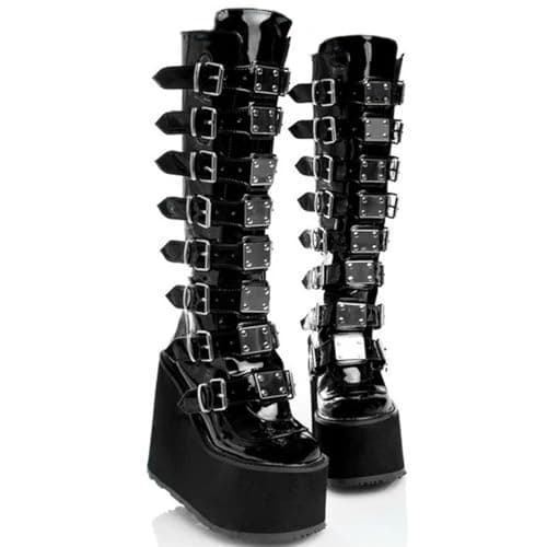 UOQAPRE Women's Winter Punk Chunky Mid-Calf Booties Heel Side Zip Rounds Toe