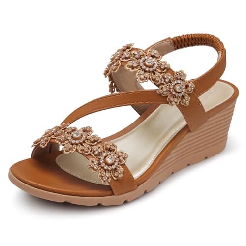 SHIBEVER Women's Comfortable Floral Open Toe Wedge Sandals
