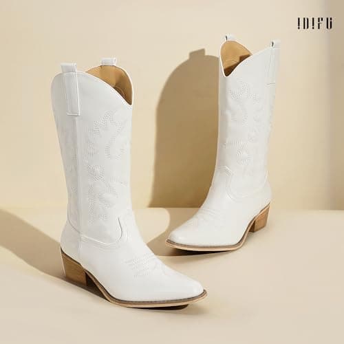 IDIFU Women's Mid-Calf Embroidered Cowboy Boots