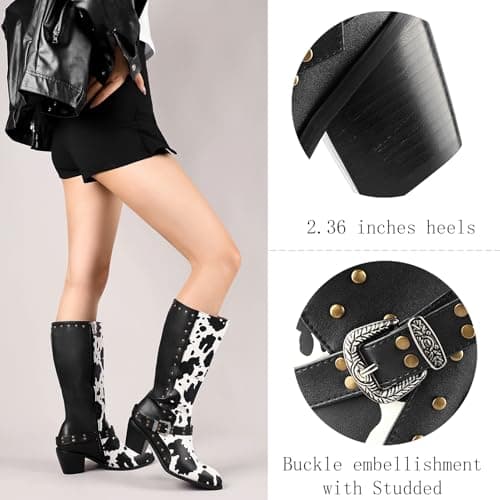 Cozivwaiy Women's Studded Cow Print Mid Calf Buckle Boots Chunky Heel Zipper