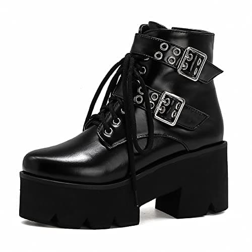 Mikarka Women's Black Chunky Heel Combat Booties