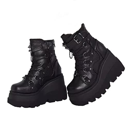 UOQAPRE Women's High Heel Combat Boots Square Toe Lace-Up Ankle Booties