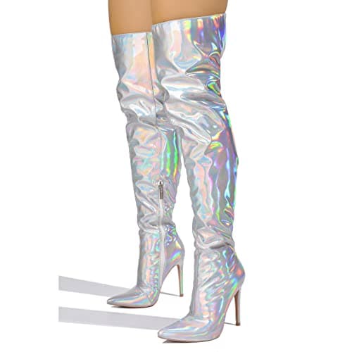 Cape Robbin Women's Metallic Thigh High Boots with Zippered Pointed Toe and Stiletto Heels