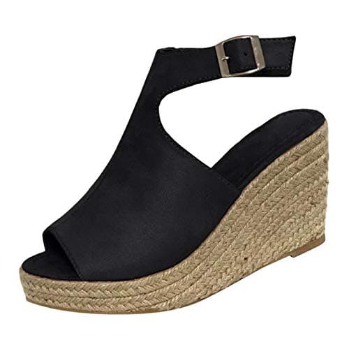 Women's Yiaor Summer Wedge Espadrille Sandals Open Toe Ankle Strap (Black, 8)