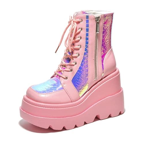 Cape Robbin Radio Holographic Platform Ankle Boots with Chunky Block Heels for Women + Holographic Design + Chunky Block Heels + Comfortable Walking + Women's Ankle Boots + Chunky Heels Ankle Boots + Trendy Holographic Ankle Boots