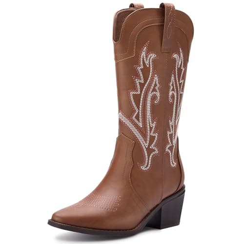 Solestique Women's Cowboy Boots: Embroidered Mid-Calf Heeled Cowgirl Style