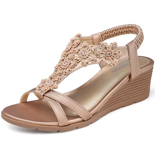 Temofon Women's Low Wedge Heel Summer Flower Sandals