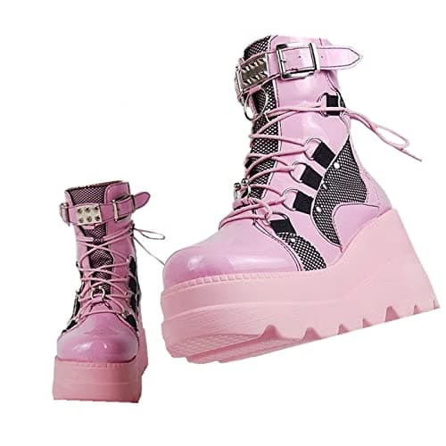 UOQAPRE Women's High Heel Combat Boots Square Toe Lace-Up Ankle Booties